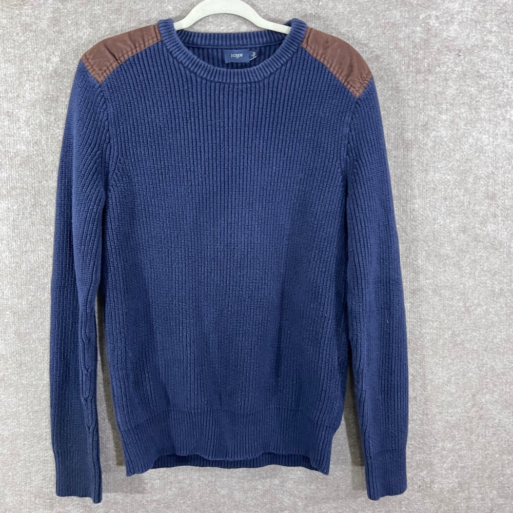 J Crew Sweater Mens Large Blue Ribbed shoulder Patch G9099 Preppy Minimalist